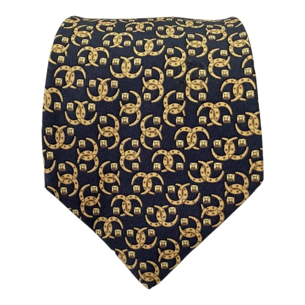 HERMES Blue Interlocking Circles Print Silk Tie France 57-"3".1/4 EX COND